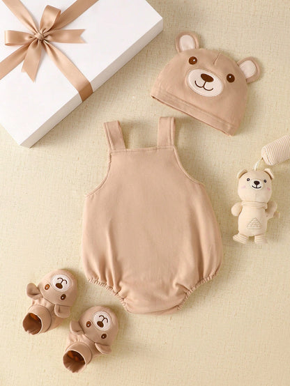 Maillard Style Brown Bear Bodysuit Set, Includes Overalls, Matching Hat, And Shoes- 3 Pieces Set, Cupid Pick, Soft & Cute Outfit For Newborn Photo Shoot, 100 Days, 1st Birthday
