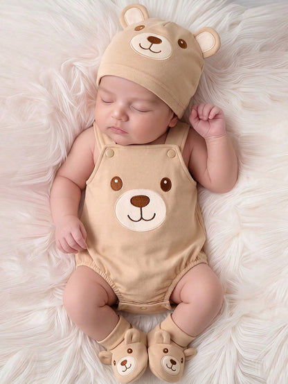 Maillard Style Brown Bear Bodysuit Set, Includes Overalls, Matching Hat, And Shoes- 3 Pieces Set, Cupid Pick, Soft & Cute Outfit For Newborn Photo Shoot, 100 Days, 1st Birthday