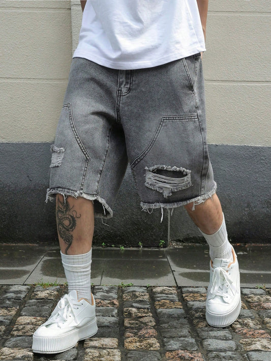Manfinity EMRG Men's Plus Size Distressed Denim Shorts, Casual Loose Wide Leg Shorts For Summer