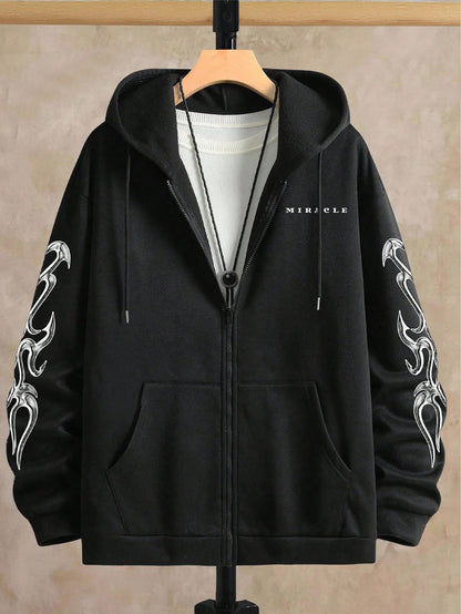Manfinity Homme Plus Size Men's Letter Print Long Sleeve Zip Front Pocket Drawstring Hoodie Sweatshirt, Black Graphic Up,And White, Fall