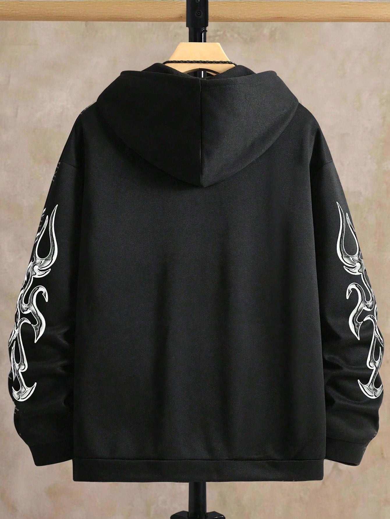 Manfinity Homme Plus Size Men's Letter Print Long Sleeve Zip Front Pocket Drawstring Hoodie Sweatshirt, Black Graphic Up,And White, Fall