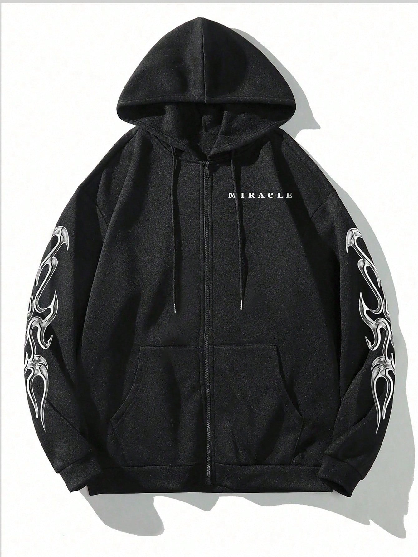 Manfinity Homme Plus Size Men's Letter Print Long Sleeve Zip Front Pocket Drawstring Hoodie Sweatshirt, Black Graphic Up,And White, Fall