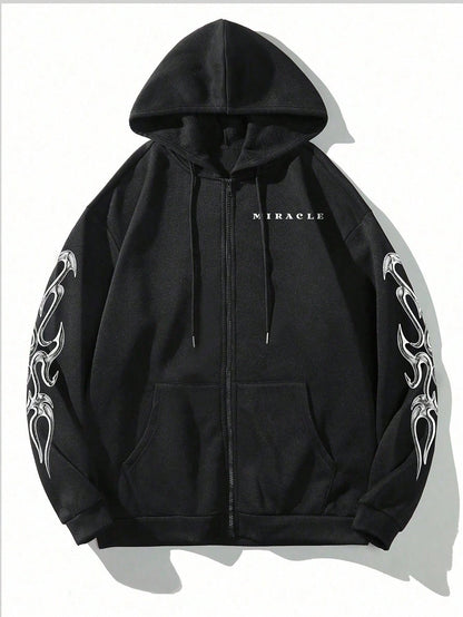 Manfinity Homme Plus Size Men's Letter Print Long Sleeve Zip Front Pocket Drawstring Hoodie Sweatshirt, Black Graphic Up,And White, Fall