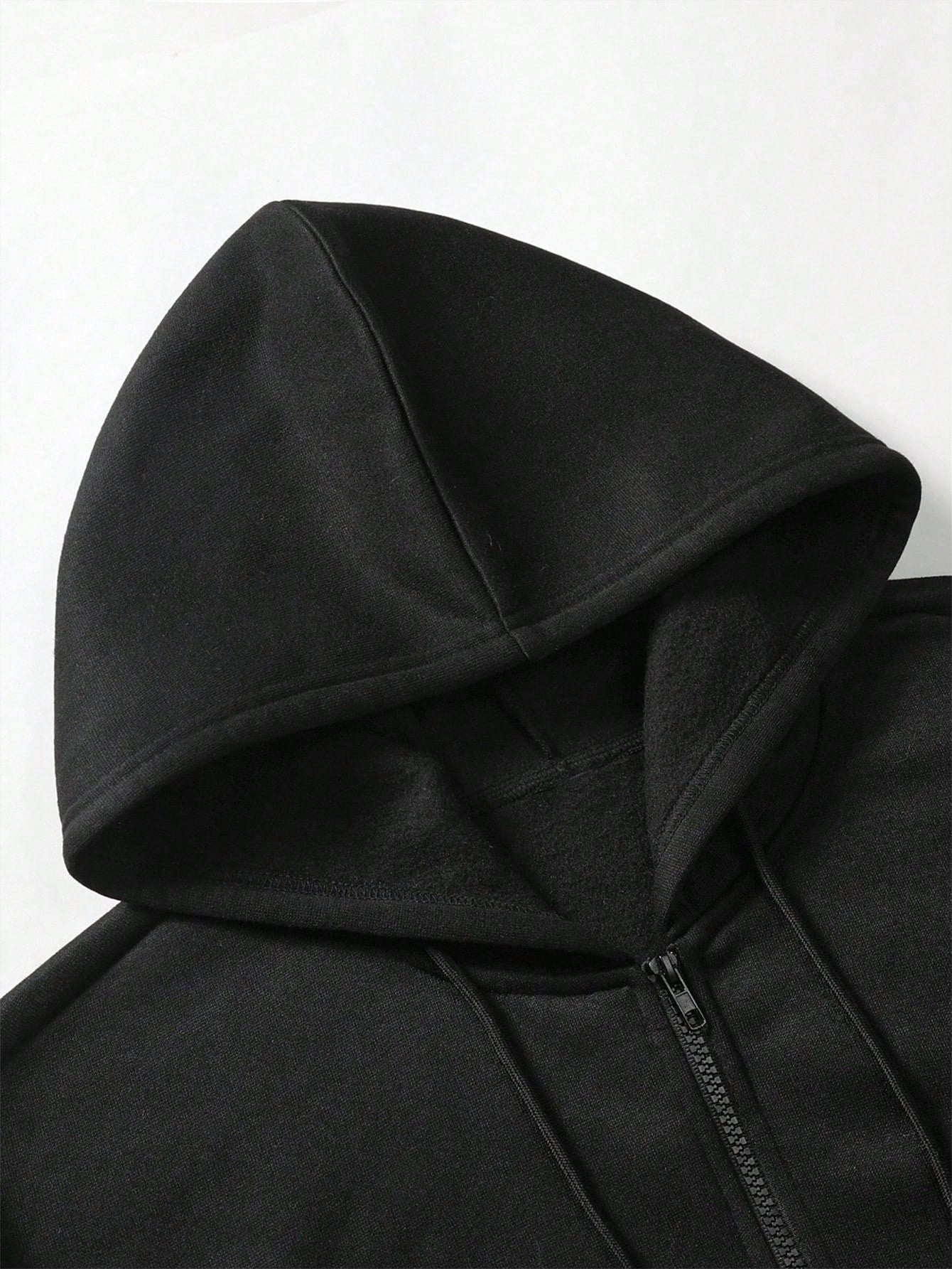 Manfinity Homme Plus Size Men's Letter Print Long Sleeve Zip Front Pocket Drawstring Hoodie Sweatshirt, Black Graphic Up,And White, Fall