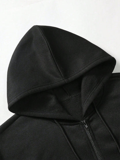 Manfinity Homme Plus Size Men's Letter Print Long Sleeve Zip Front Pocket Drawstring Hoodie Sweatshirt, Black Graphic Up,And White, Fall