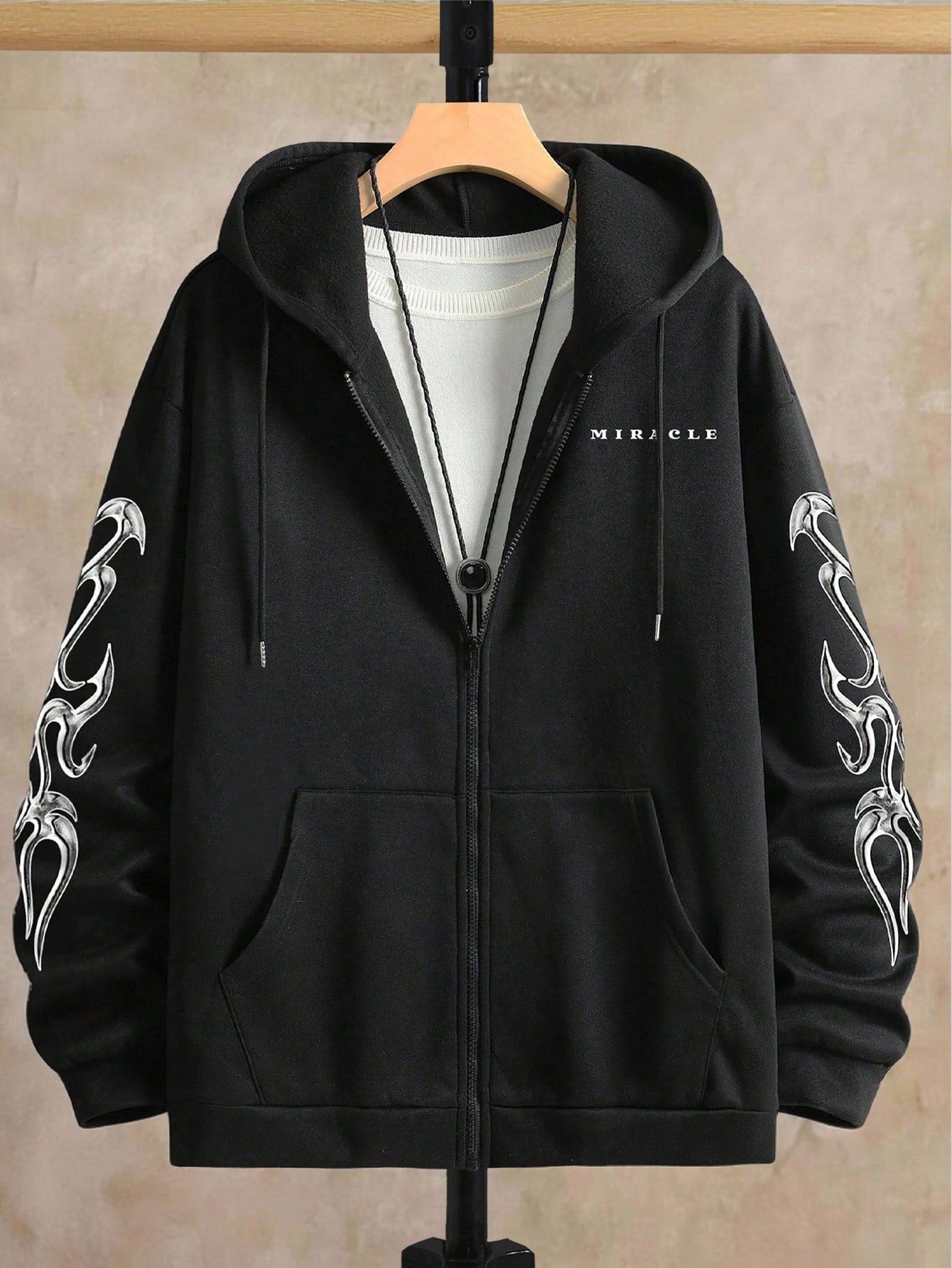 Manfinity Homme Plus Size Men's Letter Print Long Sleeve Zip Front Pocket Drawstring Hoodie Sweatshirt, Black Graphic Up,And White, Fall