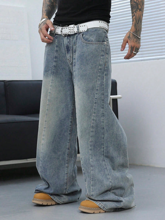Manfinity Roghcode Men's Plus Size Loose Fit Wide Leg Denim Jeans,Light Blue Cargo Jeans Distressed Street Life Casual Graphic Street Fashion,Winter,Work,Boyfriend Gift