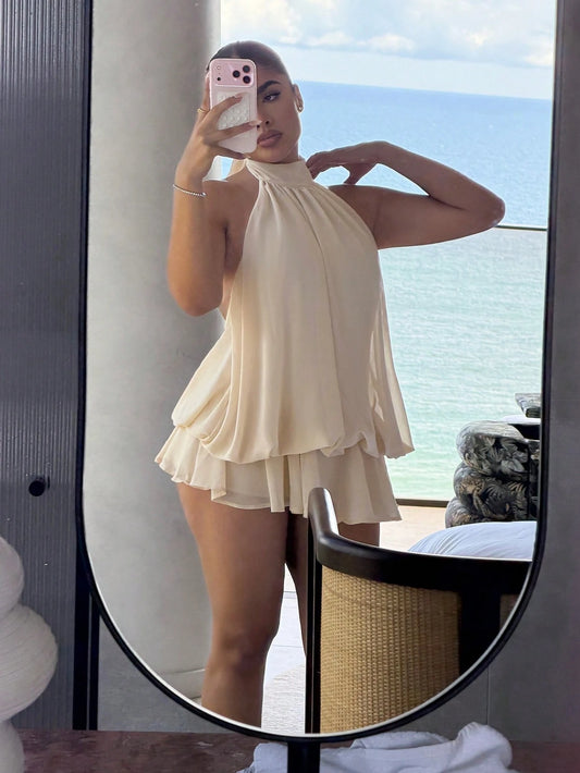 Maria Perezxox Women's Elegant Light Yellow Halter Tie Mini Dress,Party Dress,Elegant Dresses For Women,Party Dresses For Women, Wedding Guest