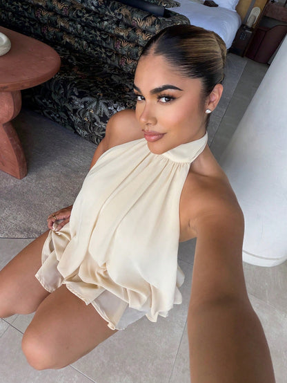 Maria Perezxox Women's Elegant Light Yellow Halter Tie Mini Dress,Party Dress,Elegant Dresses For Women,Party Dresses For Women, Wedding Guest