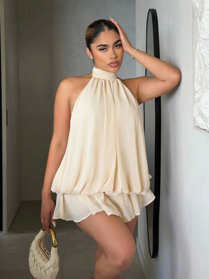 Maria Perezxox Women's Elegant Light Yellow Halter Tie Mini Dress,Party Dress,Elegant Dresses For Women,Party Dresses For Women, Wedding Guest