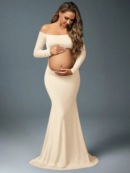 MaterniChic 1pc Maternity Off-Shoulder Long Sleeve Top And Elastic Waist Mermaid Skirt, Suitable For Photoshoot, Black Maternity Outfit