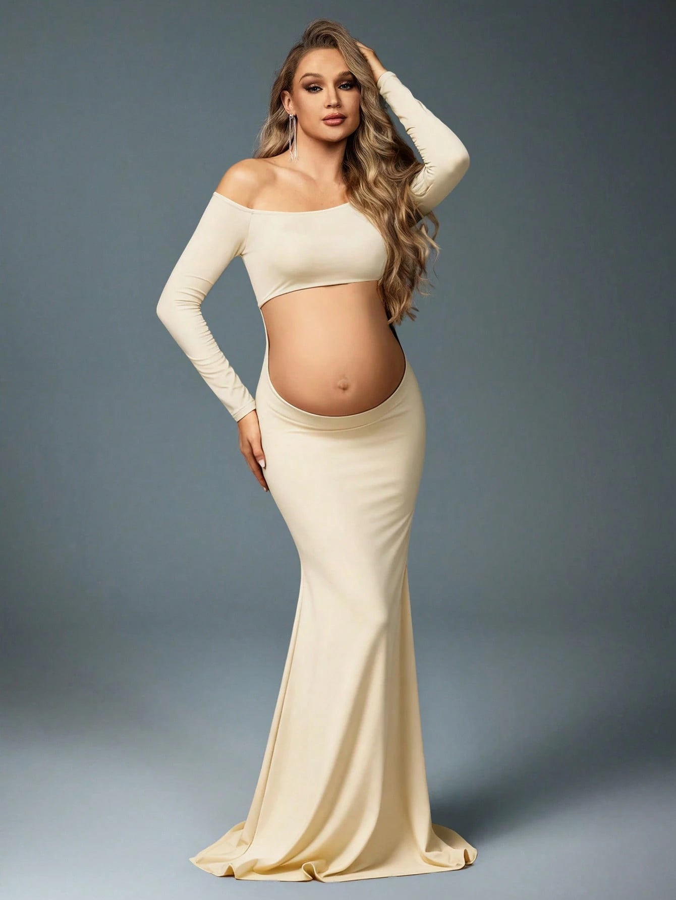 MaterniChic 1pc Maternity Off-Shoulder Long Sleeve Top And Elastic Waist Mermaid Skirt, Suitable For Photoshoot, Black Maternity Outfit