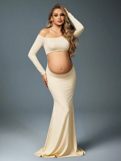 MaterniChic 1pc Maternity Off-Shoulder Long Sleeve Top And Elastic Waist Mermaid Skirt, Suitable For Photoshoot, Black Maternity Outfit