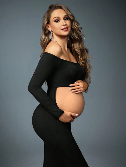 MaterniChic 1pc Maternity Off-Shoulder Long Sleeve Top And Elastic Waist Mermaid Skirt, Suitable For Photoshoot, Black Maternity Outfit