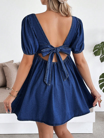 Maternity Blue Denim Puff Sleeve Mini Dress Fall