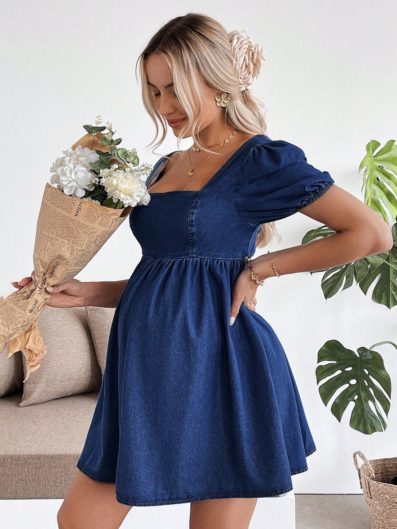 Maternity Blue Denim Puff Sleeve Mini Dress Fall