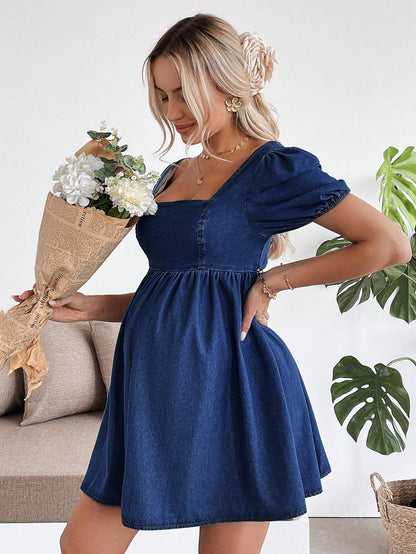 Maternity Blue Denim Puff Sleeve Mini Dress Fall
