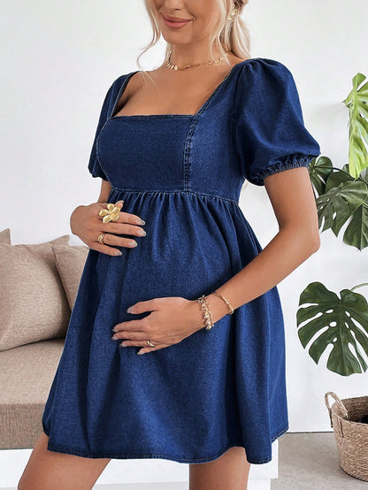 Maternity Blue Denim Puff Sleeve Mini Dress Fall