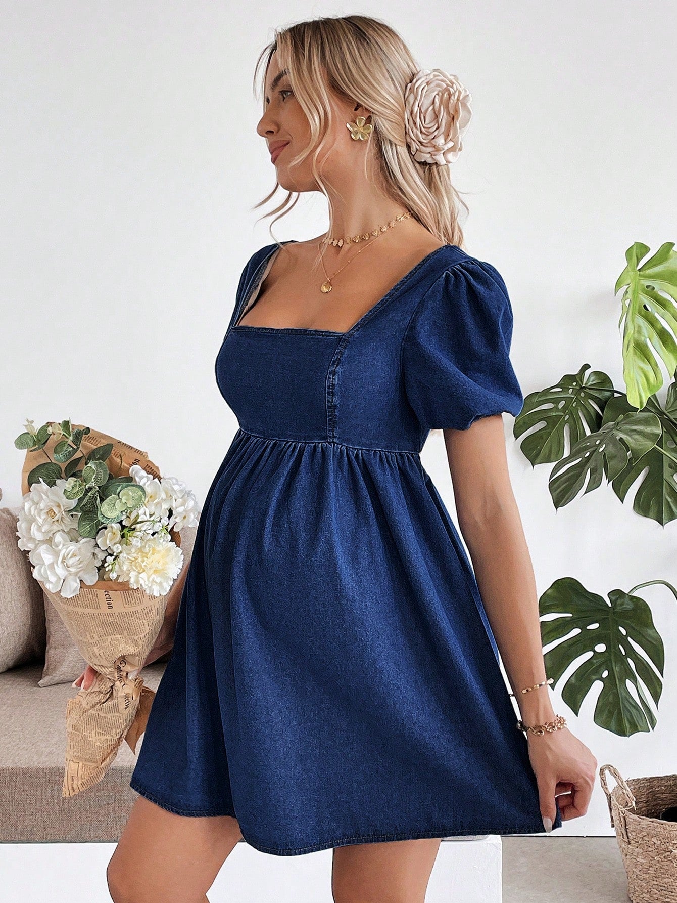 Maternity Blue Denim Puff Sleeve Mini Dress Fall