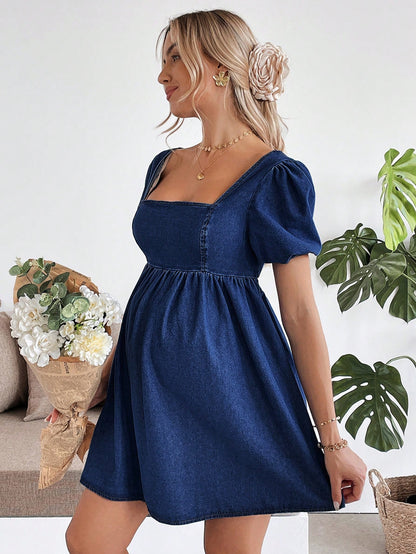 Maternity Blue Denim Puff Sleeve Mini Dress Fall