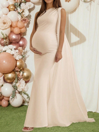 Maternity Dress Asymmetrical Neck Asymmetric Neckline Sleeveless Stretchy Knit Fabric Fitted Mermaid Long Dress, Elegant Formal Fitted Trumpet Fall