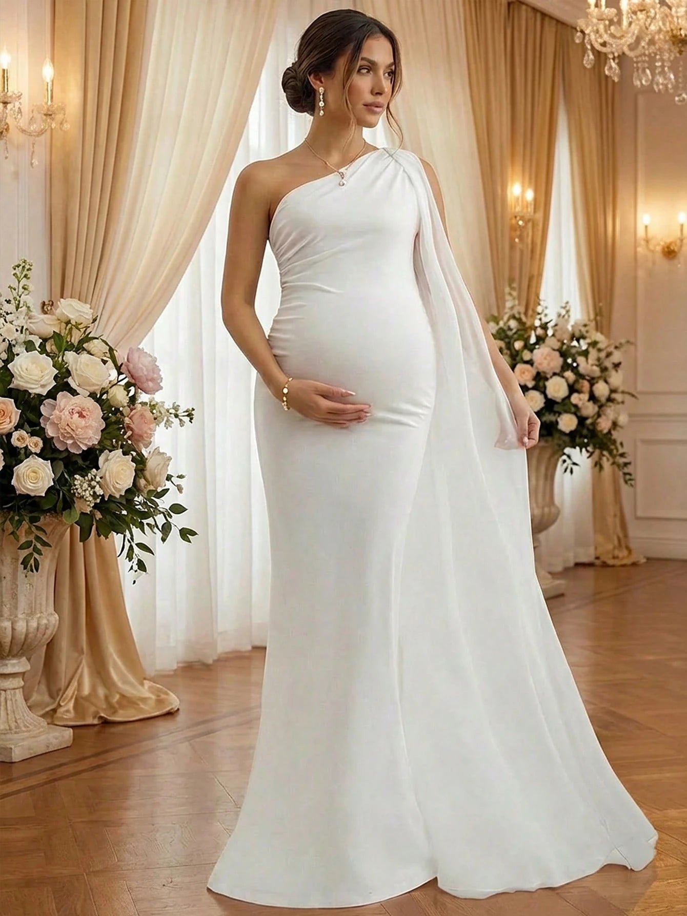 Maternity Dress Asymmetrical Neck Asymmetric Neckline Sleeveless Stretchy Knit Fabric Fitted Mermaid Long Dress, Elegant Formal Fitted Trumpet Fall