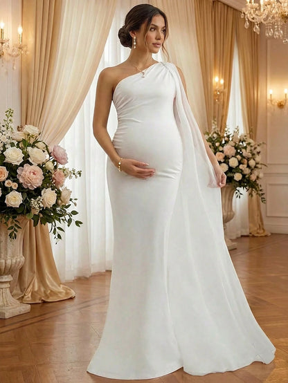 Maternity Dress Asymmetrical Neck Asymmetric Neckline Sleeveless Stretchy Knit Fabric Fitted Mermaid Long Dress, Elegant Formal Fitted Trumpet Fall