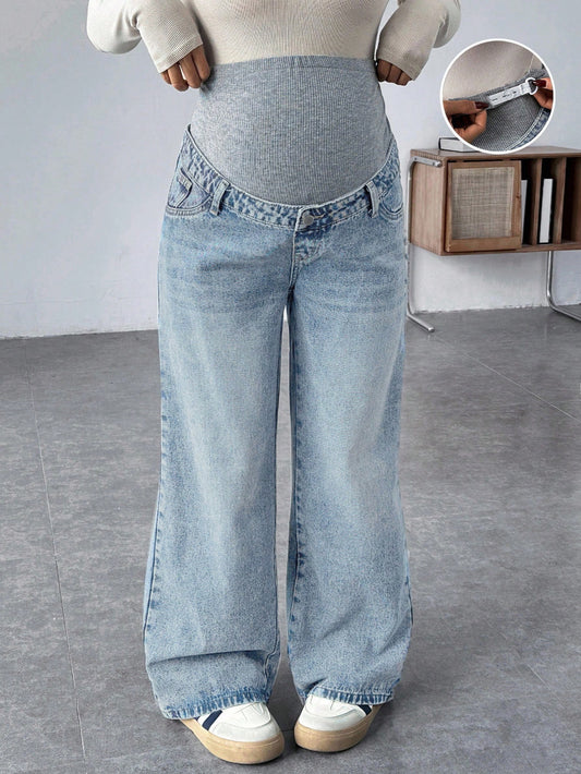 Maternity Grey Knit Patchwork Blue Denim Loose Fit Pants