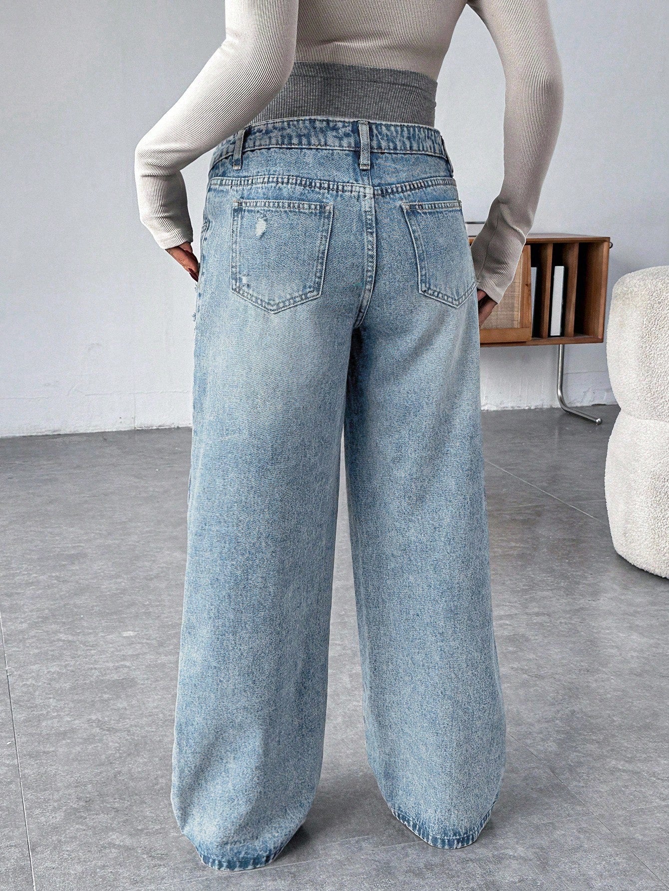 Maternity Grey Knit Patchwork Blue Denim Loose Fit Pants