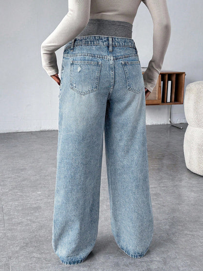 Maternity Grey Knit Patchwork Blue Denim Loose Fit Pants