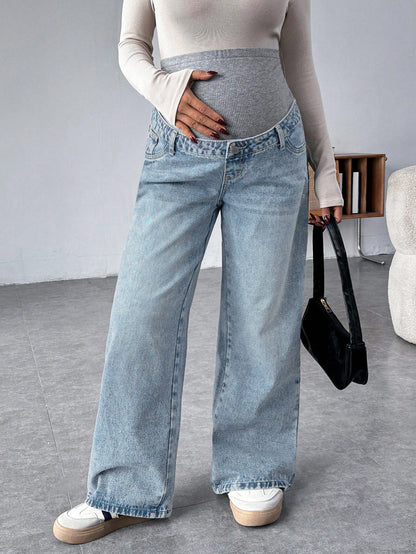 Maternity Grey Knit Patchwork Blue Denim Loose Fit Pants
