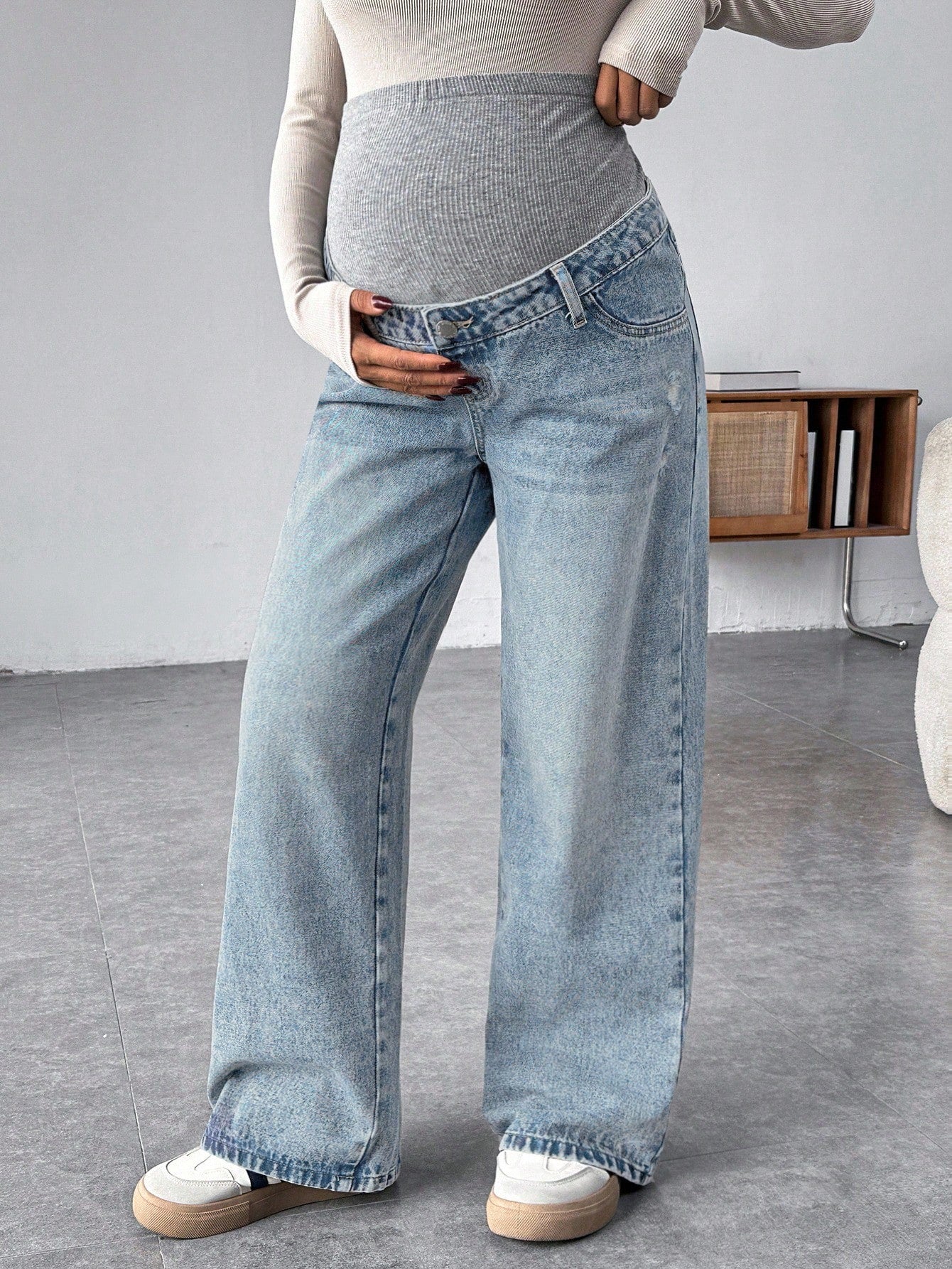 Maternity Grey Knit Patchwork Blue Denim Loose Fit Pants