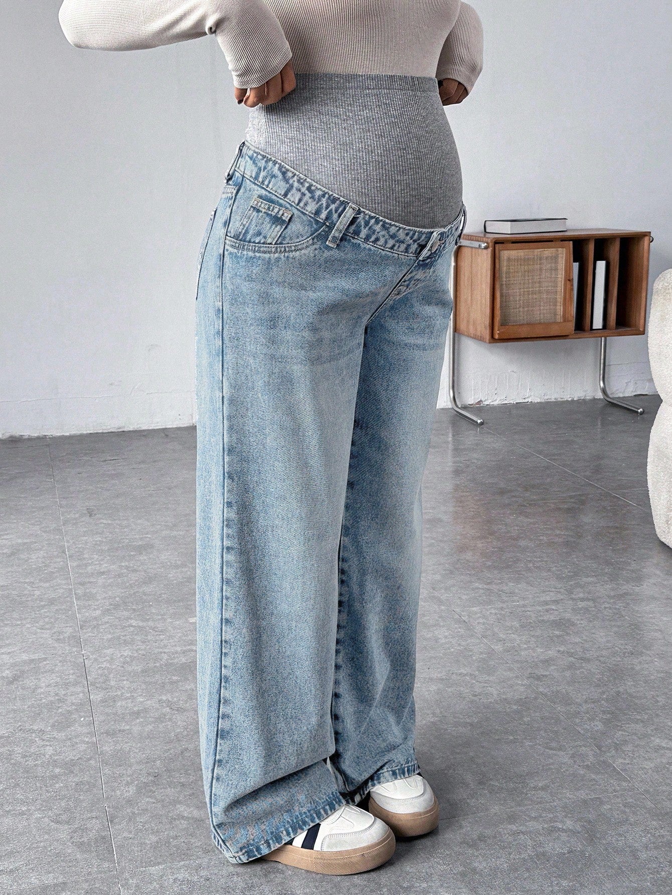 Maternity Grey Knit Patchwork Blue Denim Loose Fit Pants