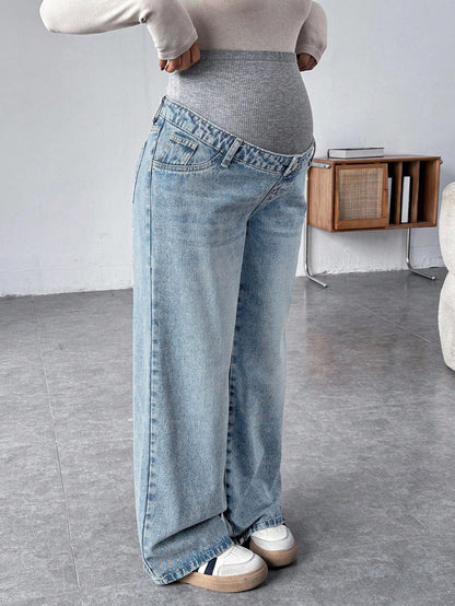 Maternity Grey Knit Patchwork Blue Denim Loose Fit Pants