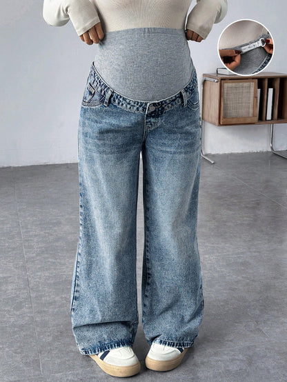 Maternity Grey Knit Patchwork Blue Denim Loose Fit Pants