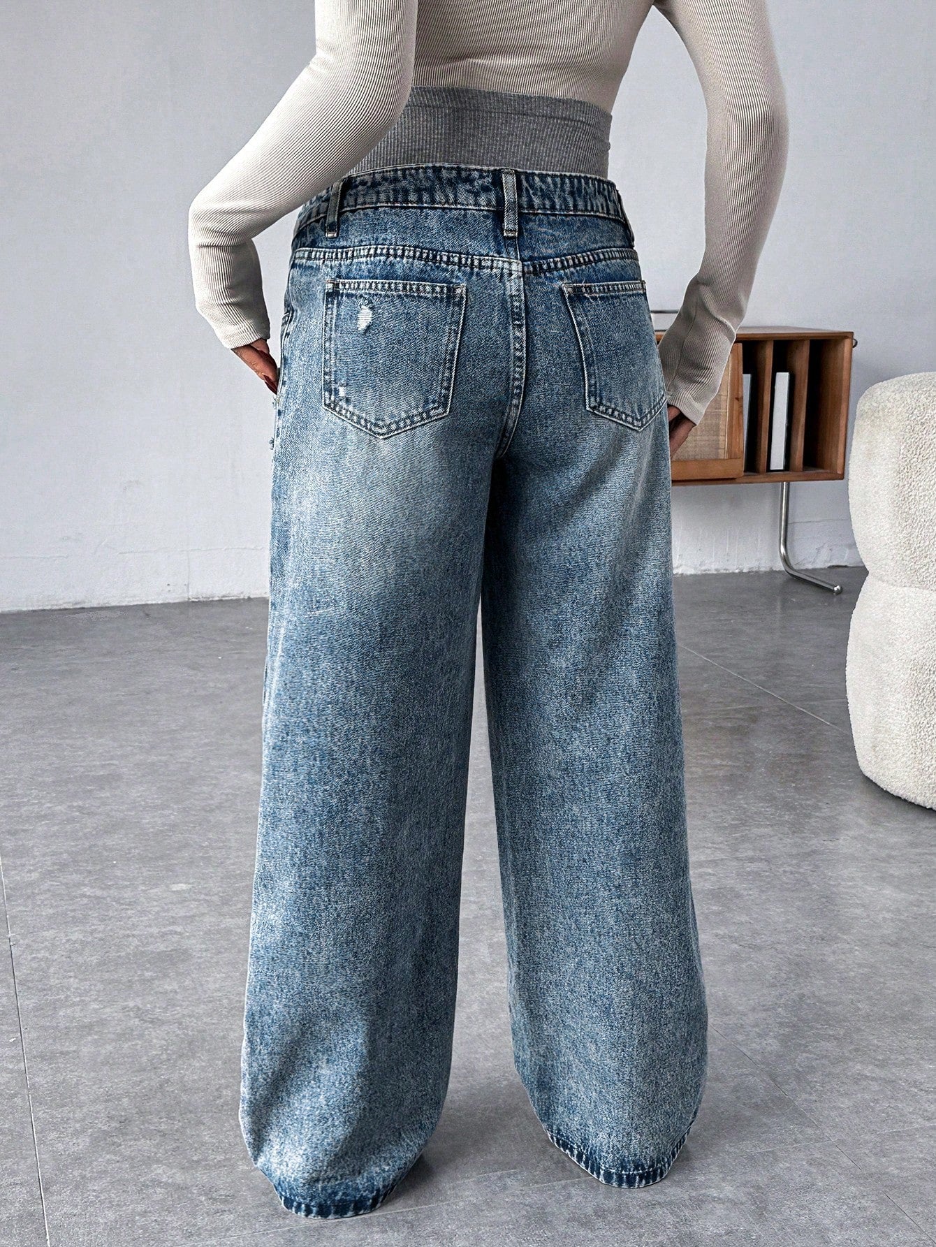 Maternity Grey Knit Patchwork Blue Denim Loose Fit Pants