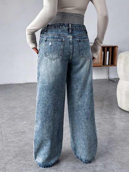 Maternity Grey Knit Patchwork Blue Denim Loose Fit Pants
