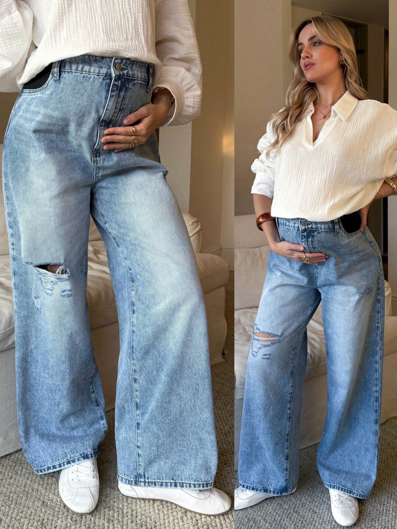 Maternity High Waist Distressed Light Blue Jeans,Winter Casual Everyday Loose Versatile Fashionable Wide Leg Denim For Women,Chic Y2k Streetwear Party