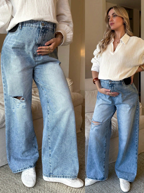 Maternity High Waist Distressed Light Blue Jeans,Winter Casual Everyday Loose Versatile Fashionable Wide Leg Denim For Women,Chic Y2k Streetwear Party