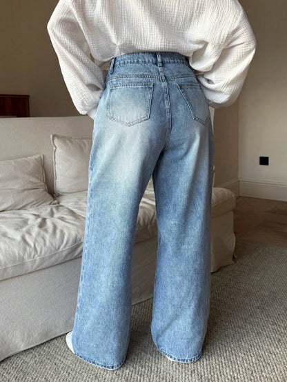 Maternity High Waist Distressed Light Blue Jeans,Winter Casual Everyday Loose Versatile Fashionable Wide Leg Denim For Women,Chic Y2k Streetwear Party