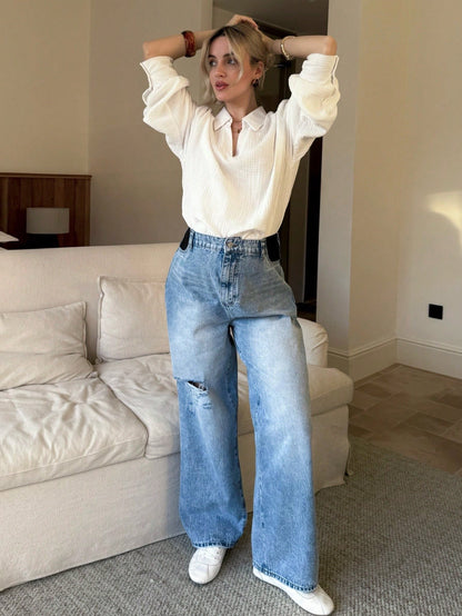 Maternity High Waist Distressed Light Blue Jeans,Winter Casual Everyday Loose Versatile Fashionable Wide Leg Denim For Women,Chic Y2k Streetwear Party
