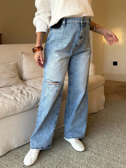 Maternity High Waist Distressed Light Blue Jeans,Winter Casual Everyday Loose Versatile Fashionable Wide Leg Denim For Women,Chic Y2k Streetwear Party