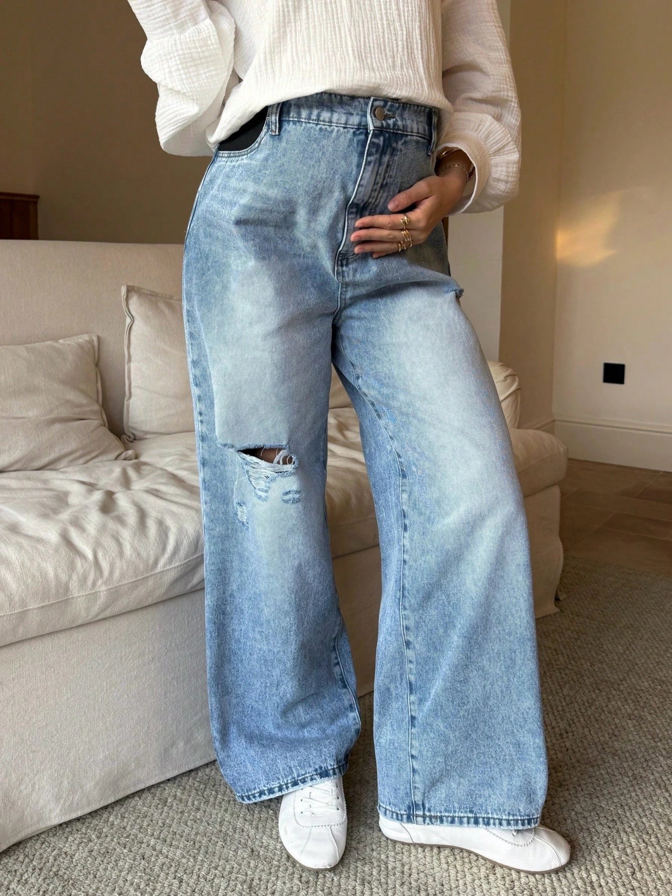 Maternity High Waist Distressed Light Blue Jeans,Winter Casual Everyday Loose Versatile Fashionable Wide Leg Denim For Women,Chic Y2k Streetwear Party