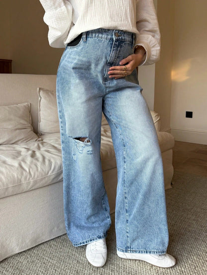 Maternity High Waist Distressed Light Blue Jeans,Winter Casual Everyday Loose Versatile Fashionable Wide Leg Denim For Women,Chic Y2k Streetwear Party