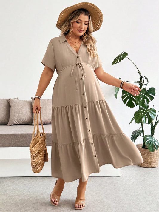 Maternity Plus Size Khaki Dress,White Summer Casual Single-Breasted Short Sleeve Shirt Dress,Maternity Photoshoot Holiday Pregnant Clothes Vacation