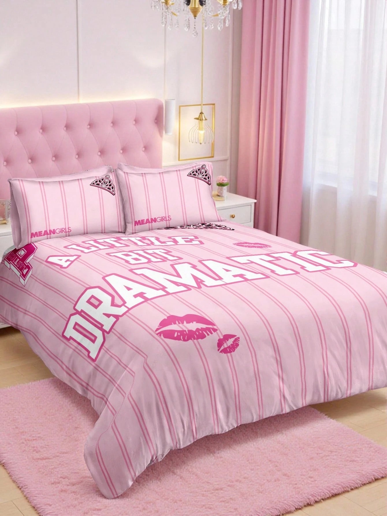 Mean Girls| 3pcs Striped Cute Bad Girl Printed Quilt Cover Set, Sanded Material, Soft And Warm, Multiple Sizes, Suitable For Single Bed/Double Bed/Queen Bed/King Bed, Machine Washable