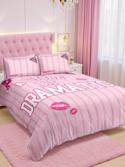 Mean Girls| 3pcs Striped Cute Bad Girl Printed Quilt Cover Set, Sanded Material, Soft And Warm, Multiple Sizes, Suitable For Single Bed/Double Bed/Queen Bed/King Bed, Machine Washable