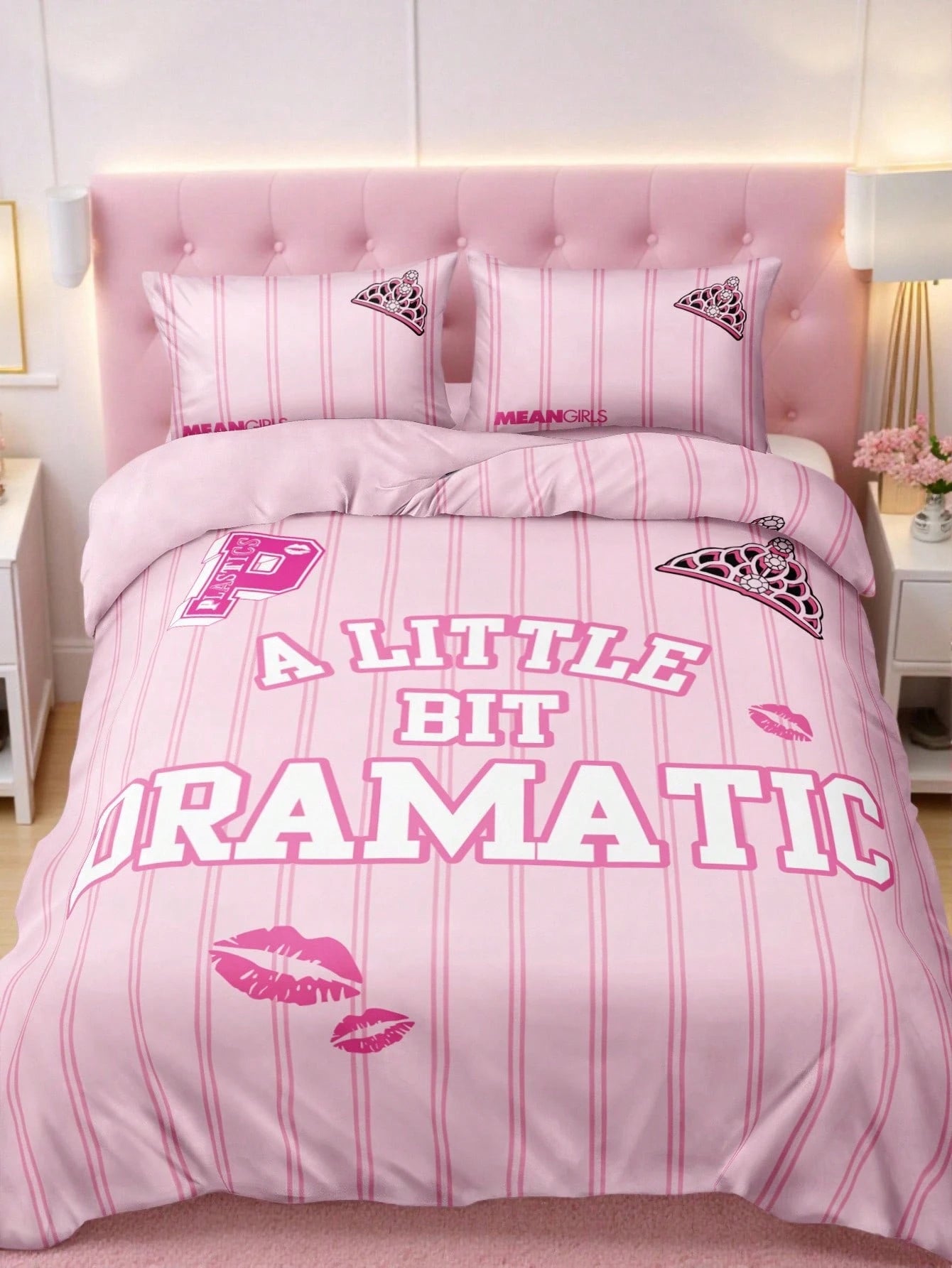 Mean Girls| 3pcs Striped Cute Bad Girl Printed Quilt Cover Set, Sanded Material, Soft And Warm, Multiple Sizes, Suitable For Single Bed/Double Bed/Queen Bed/King Bed, Machine Washable