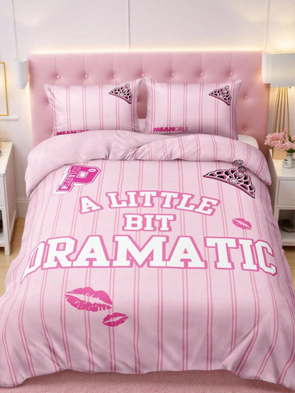 Mean Girls| 3pcs Striped Cute Bad Girl Printed Quilt Cover Set, Sanded Material, Soft And Warm, Multiple Sizes, Suitable For Single Bed/Double Bed/Queen Bed/King Bed, Machine Washable