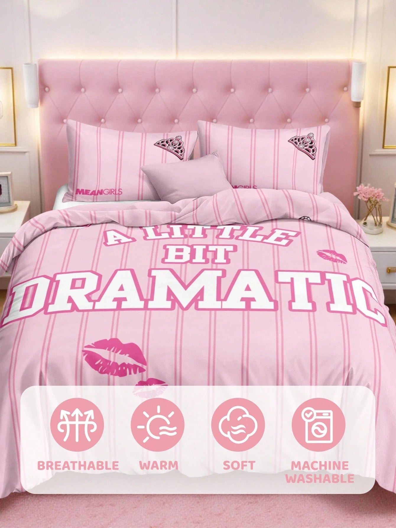 Mean Girls| 3pcs Striped Cute Bad Girl Printed Quilt Cover Set, Sanded Material, Soft And Warm, Multiple Sizes, Suitable For Single Bed/Double Bed/Queen Bed/King Bed, Machine Washable